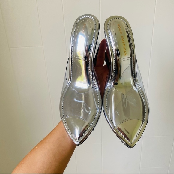 Good American Cinder F Rella Wedge Silver Lucite Triangle Block Heels Size 7​ - Picture 4 of 6